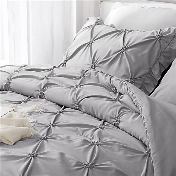 Queen Comforter Set 7 Pieces,Pintuck Gray Bed in a Bag Comforter Set for Bedroom - Picture 3 of 6